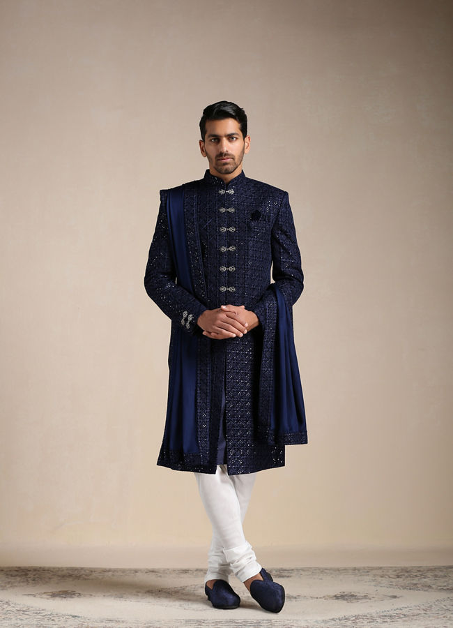 Royal Blue Sequined Sherwani Set image number 1